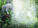 blue & green jungle scene with waterfall and white tiger on rock background paper for Name or Poem plaque